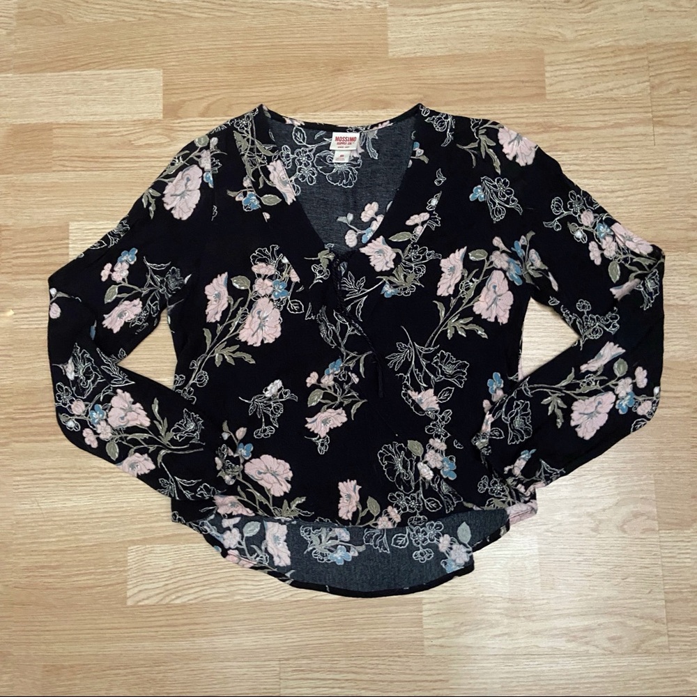 Wrap Style Black Floral Mossimo Long Sleeve Top
